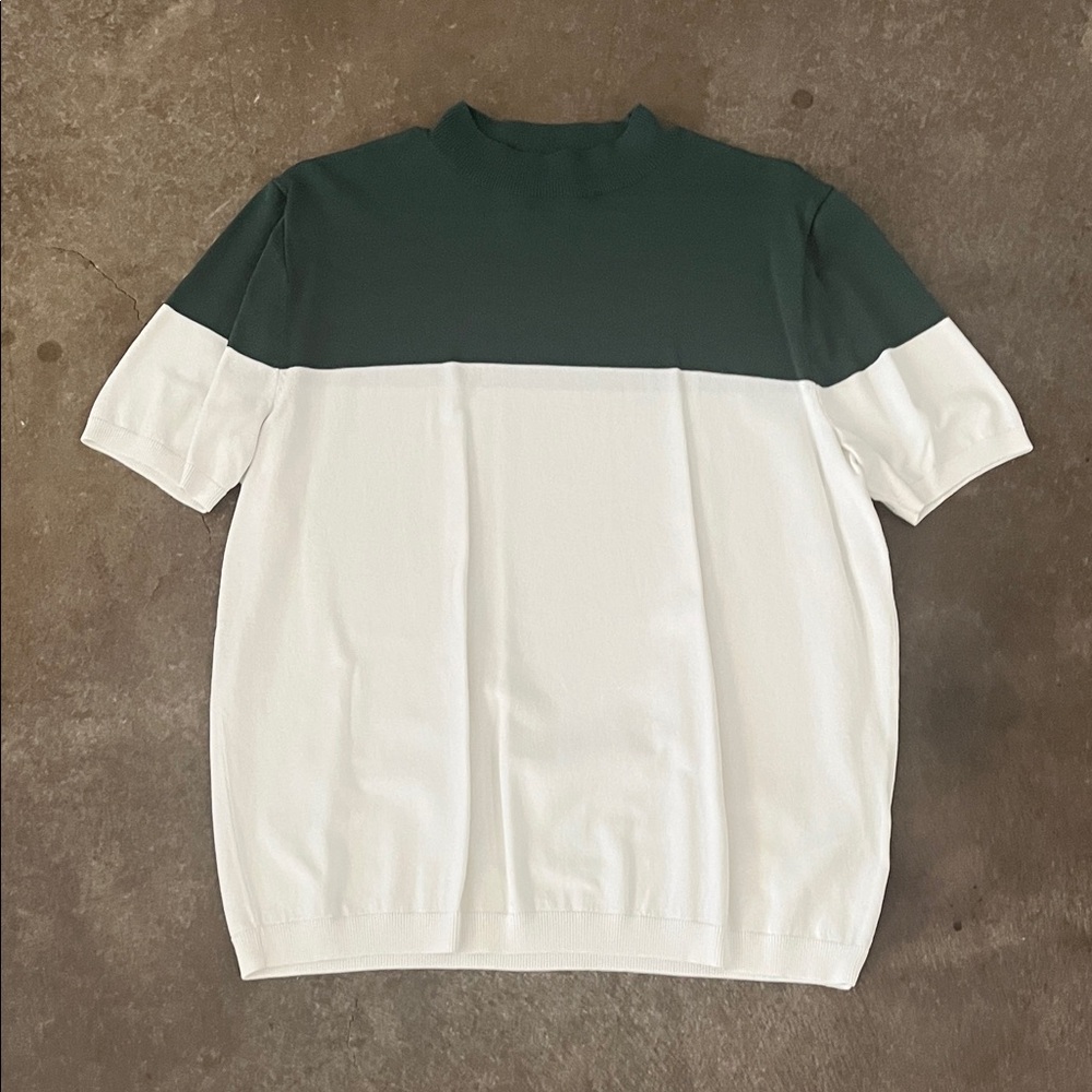 Topshop Green and White Colorblock Short Sleeve Knit Shirt